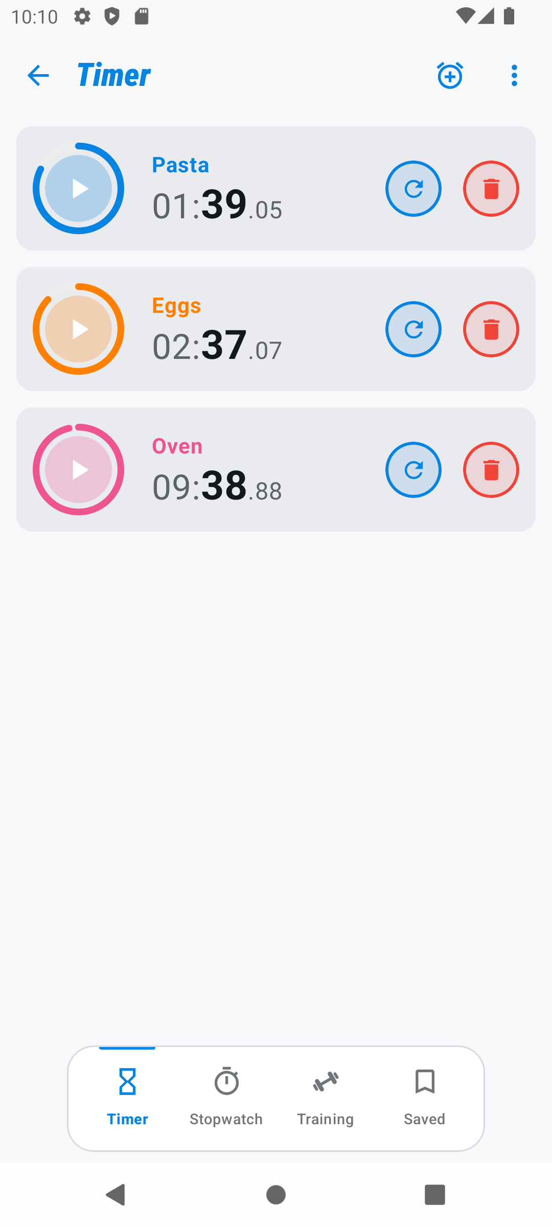 Timer-Liste im hellen Modus mit Pasta, Eggs und Oven